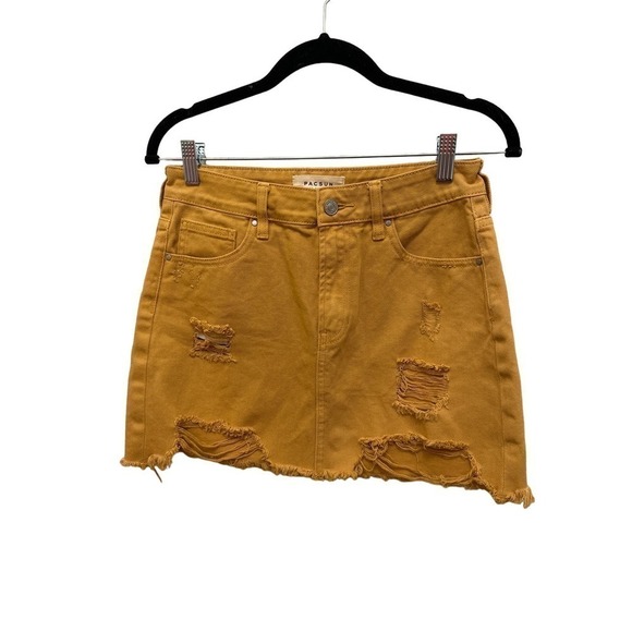 Pac Sun Mustard Yellow distressed denim skirt, women’s size 26 - Picture 2 of 5